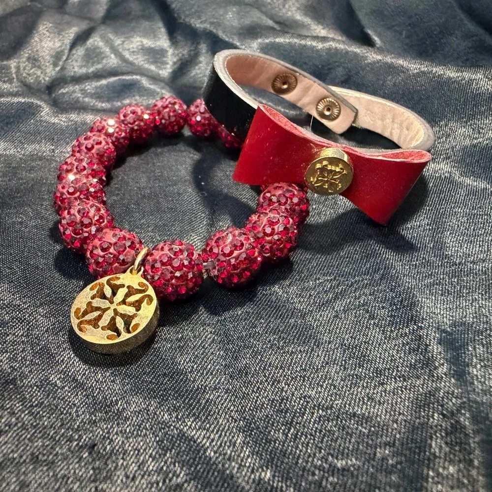 Rustic Cuff Bracelet Set Girls Red Beaded‎ Gold Charm Leather Bow Cuff